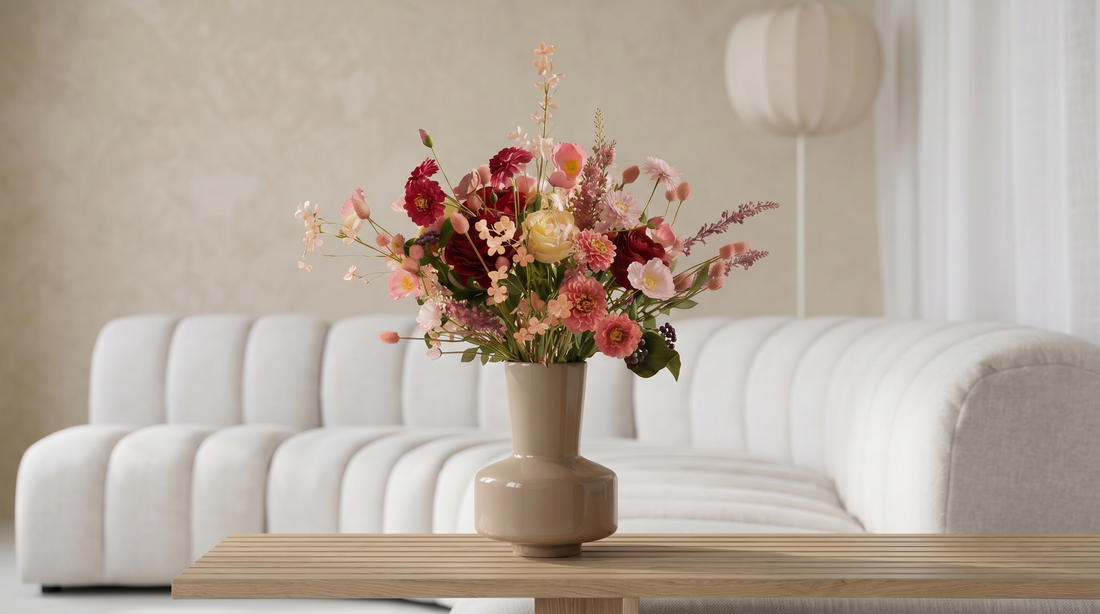 Sfeervolle, minimalistische woonkamer met een witte bank, houten salontafel en beige vaas met een kleurrijk boeket van roze en rode bloemen op de voorgrond.