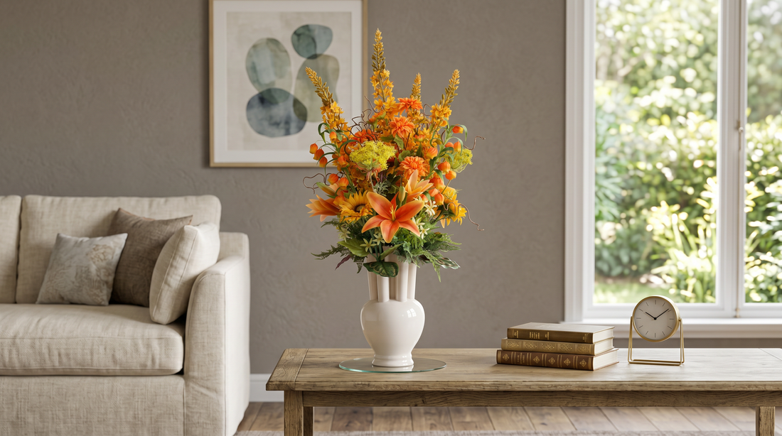 Zijden bloemen boeket in woonkamer op salontafel — Bloomingly