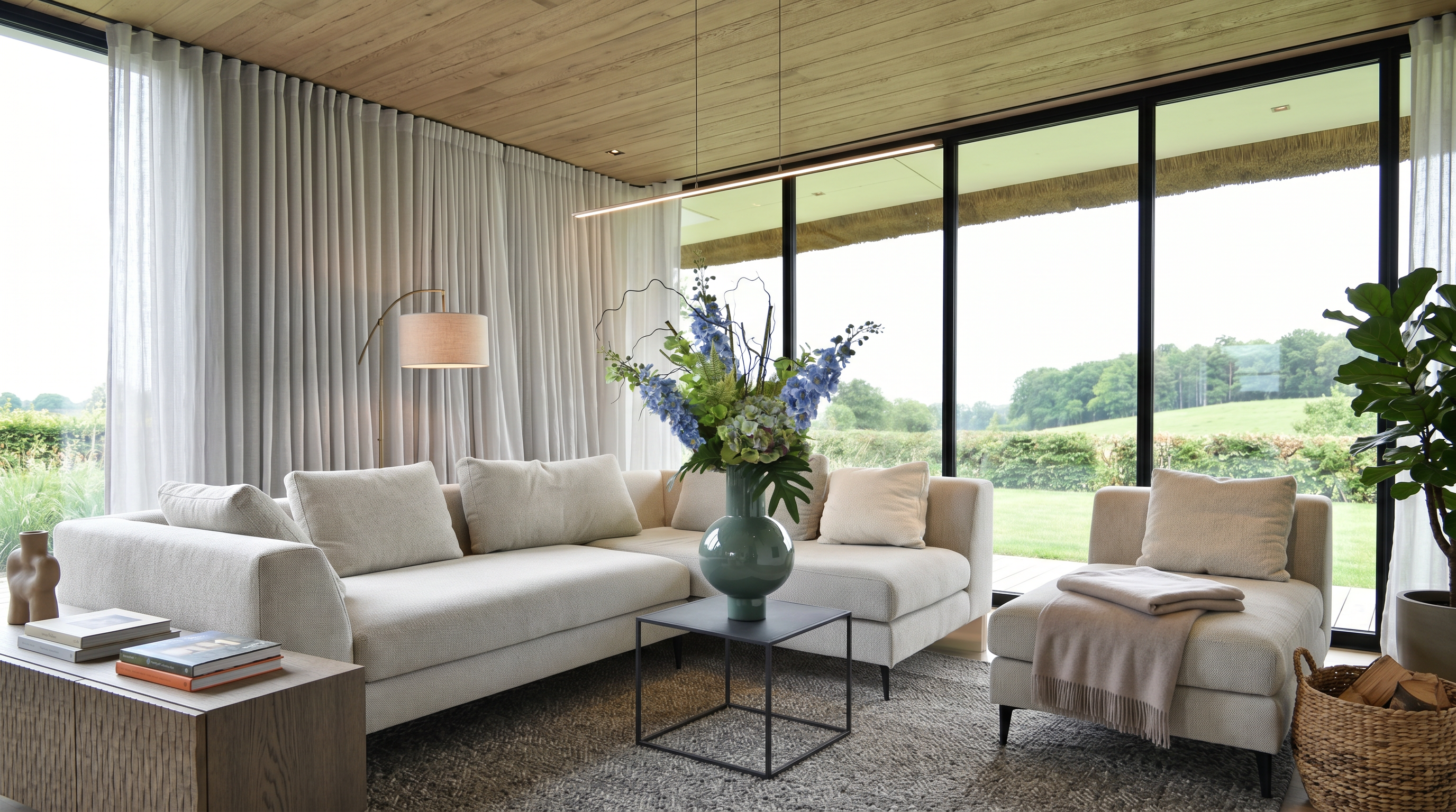 Lichte, moderne woonkamer met een ruime beige hoekbank, glazen salontafel met vaas vol blauwe bloemen, een fauteuil met plaid en grote ramen met uitzicht op een groene tuin.