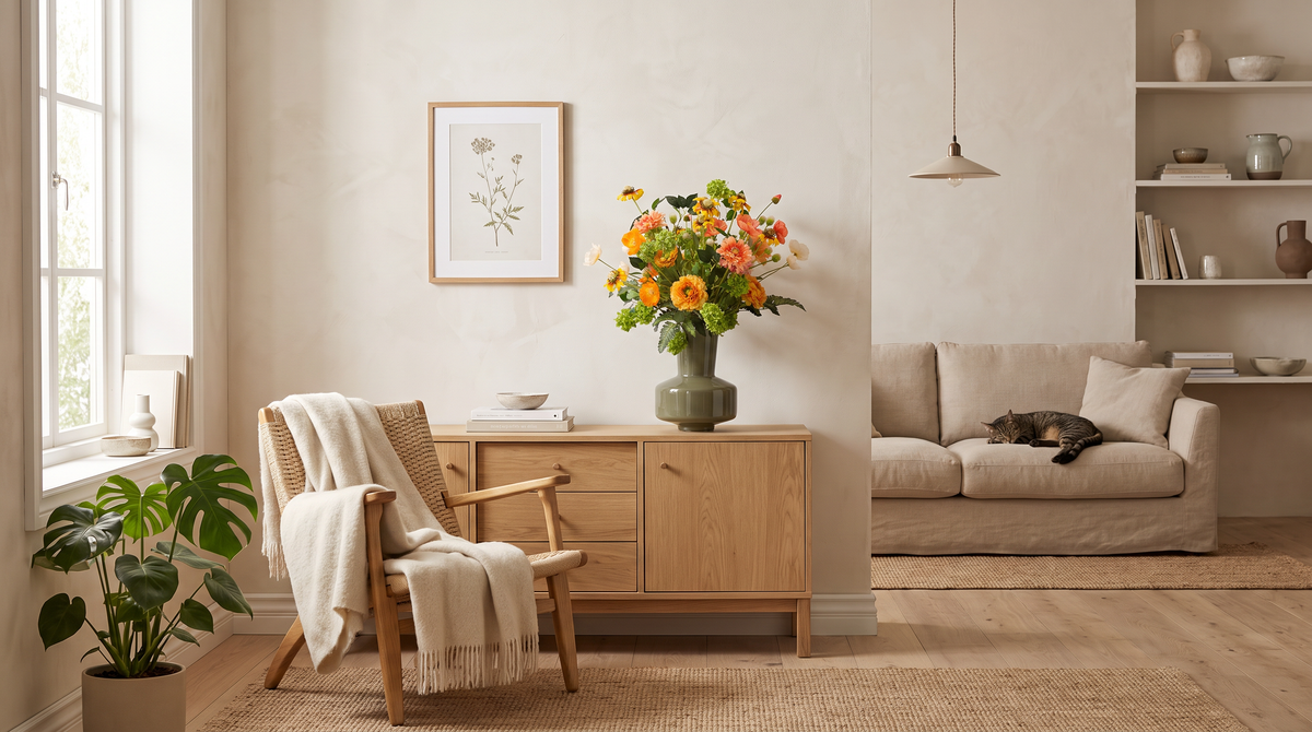 Kunstboeket Mimi in een lichte woonkamer met een slapende kat op de bank, voorbeeld van kunstbloemen en huisdieren in huis