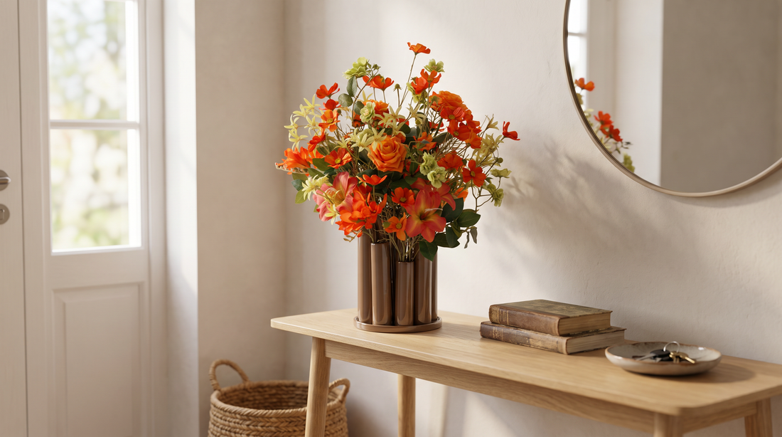 Kunstbloemen in de hal: kunstboeket Monaco in een Tube vaas op een houten sidetable in een lichte entree