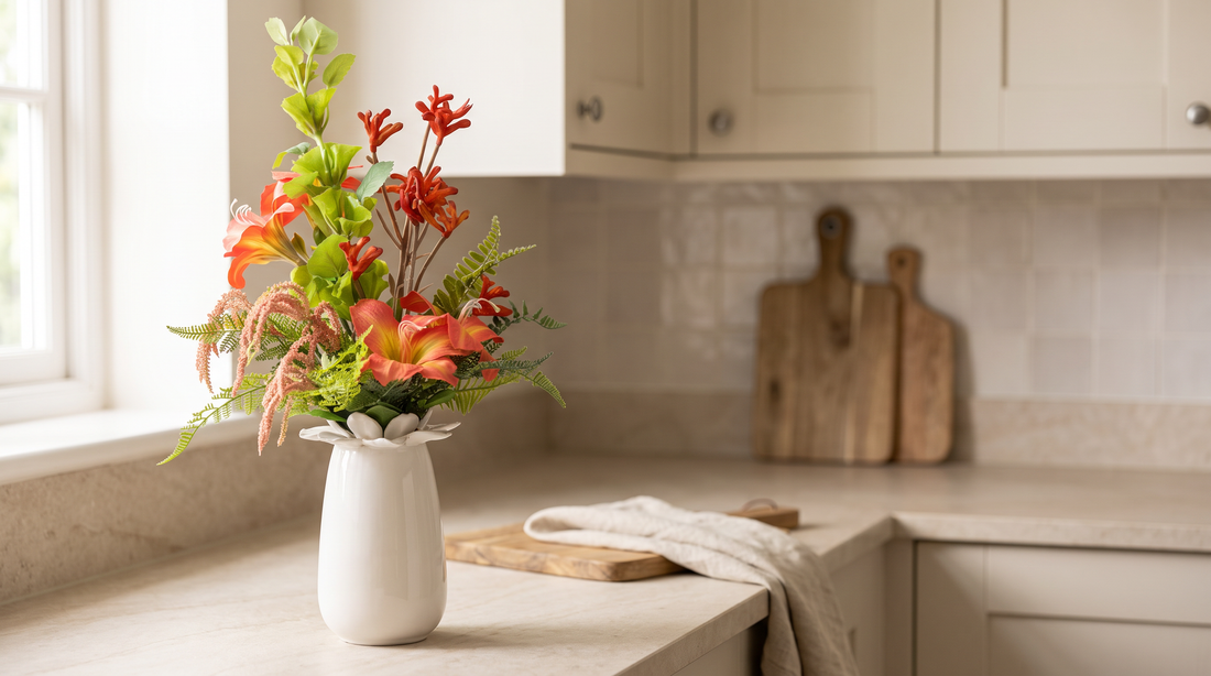 Kunstbloemen in de keuken: kunstboeket Vivienne in een witte vaas op een licht keukenblad