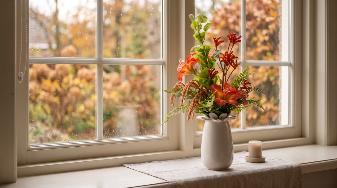 Vensterbank decoratie met kunstbloemen: kunstboeket Vivienne in een vaas op een lichte vensterbank met herfstbladeren achter het raam