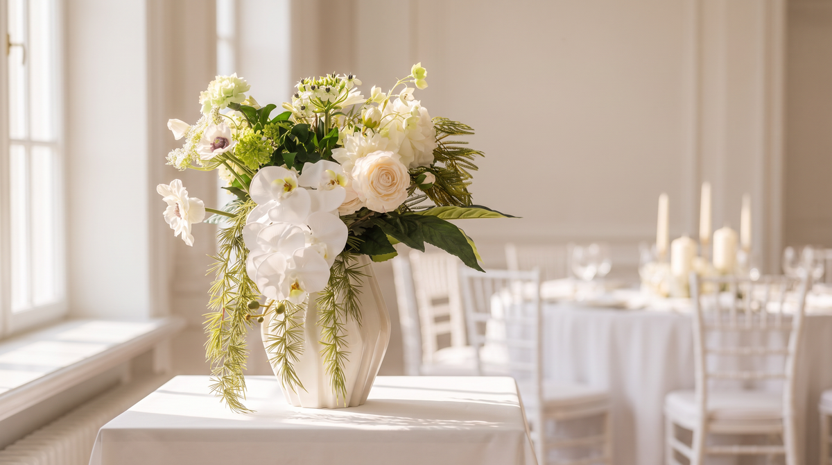 Trouwdecoratie met zijden bloemen: wit kunstboeket Linda op een welkomsttafel in een trouwzaal
