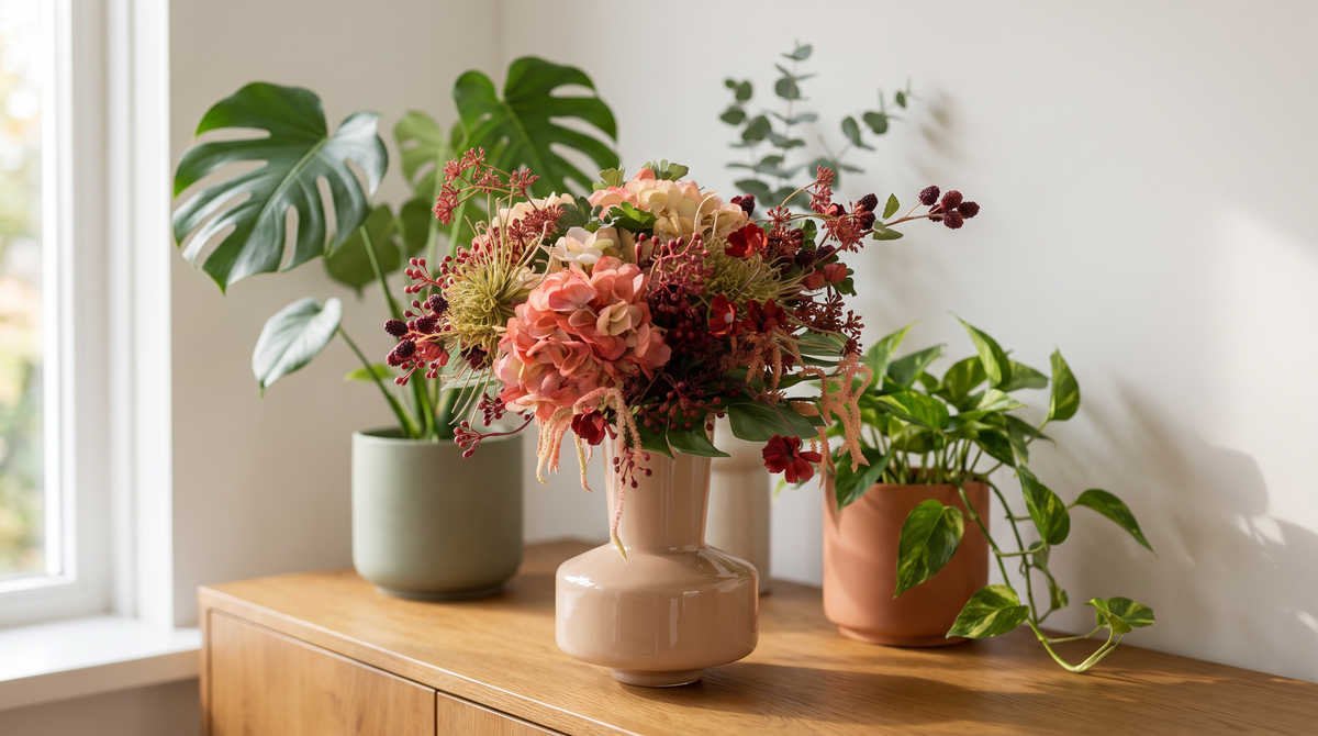 Kunstbloemen combineren met planten: kunstboeket Quinn in een vaas op een houten dressoir tussen groene kamerplanten