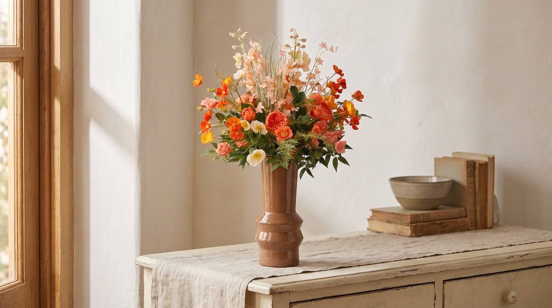 Kunstboeket Dolly met zijden bloemen in een landelijk interieur op een houten dressoir