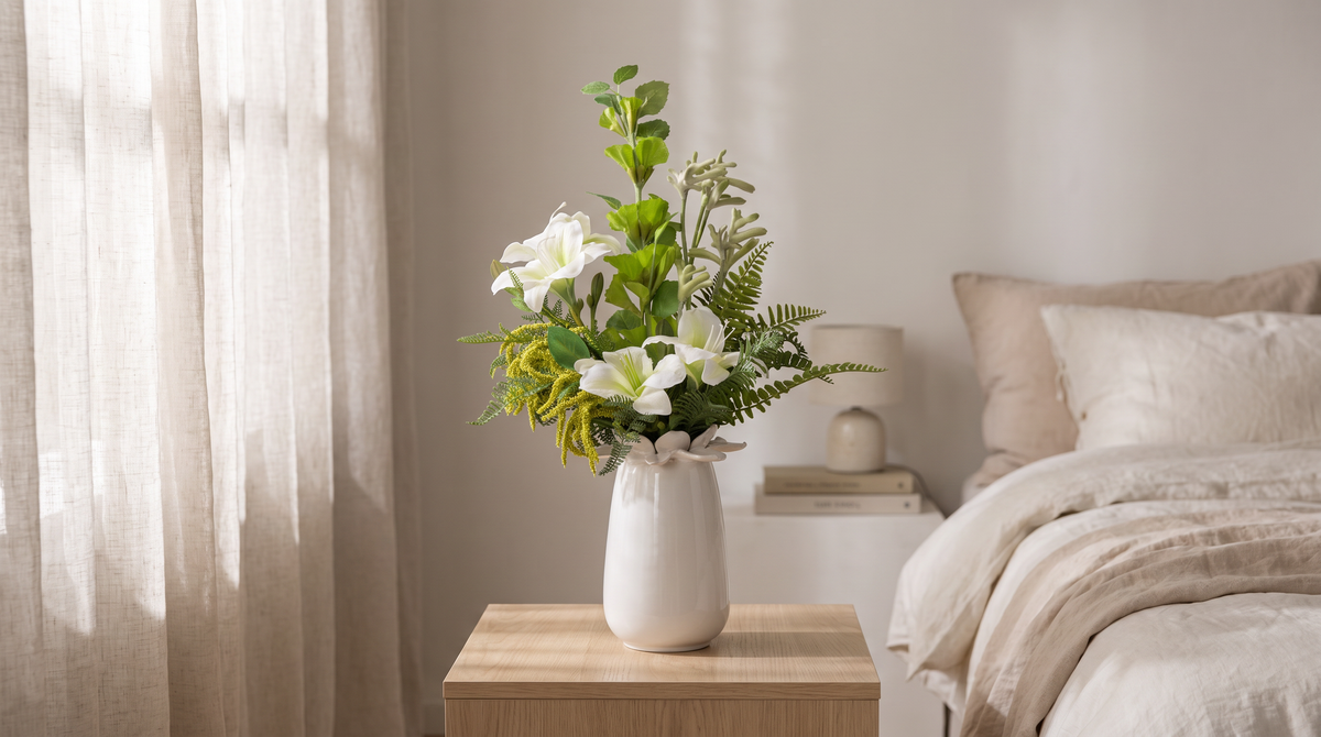 Kunstbloemen in de slaapkamer: kunstboeket Vivienne wit in witte vaas op een nachtkastje