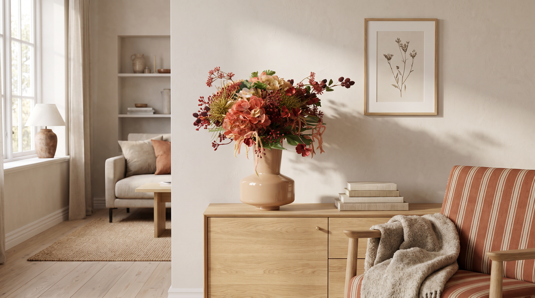 Kunstbloemen schikken: herfstboeket Quinn met hortensia in een beige vaas op een eiken dressoir in een lichte woonkamer