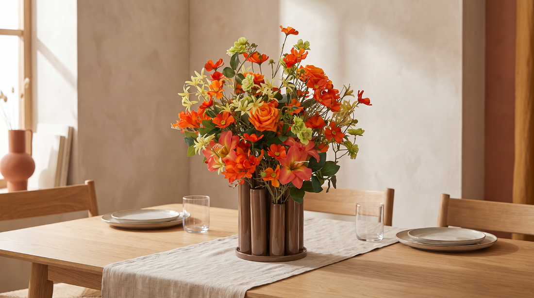 Tafeldecoratie met zijden bloemen: kunstboeket Monaco in bruine vaas op een eikenhouten eettafel