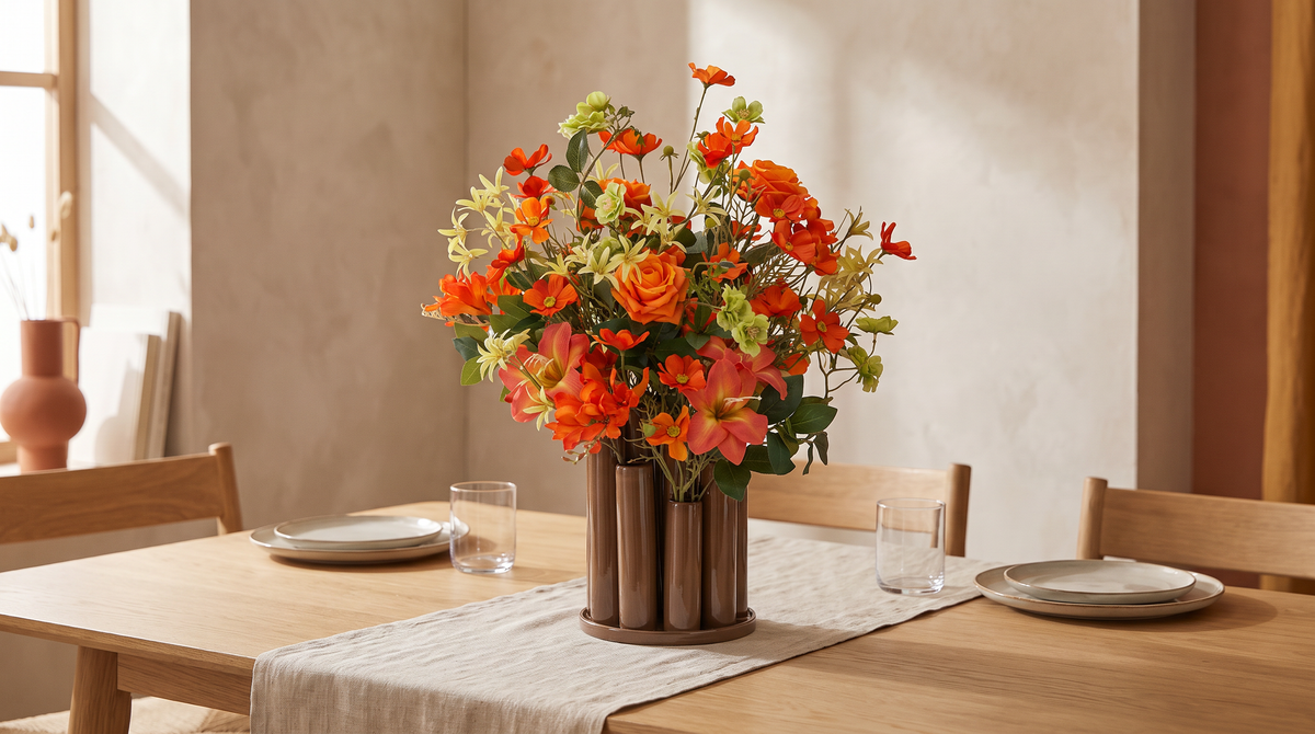 Tafeldecoratie met zijden bloemen: kunstboeket Monaco in bruine vaas op een eikenhouten eettafel