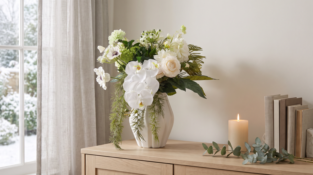 Winterdecoratie met zijden bloemen: kunstboeket Linda met witte orchideeën en pioenrozen op een dressoir bij een besneeuwd raam