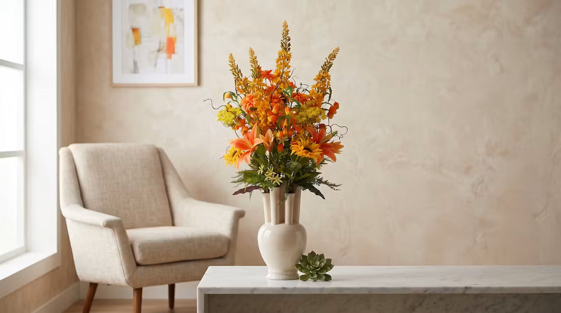 Boeket met oranje en gele bloemen in een witte vaas op een lichte marmeren tafel, naast een beige fauteuil in een sfeervol, licht interieur.