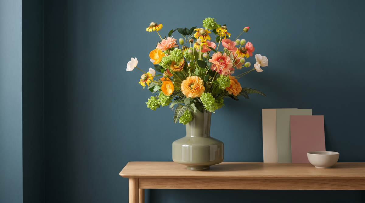 Oranje kunstboeket Mimi in een groene vaas tegen een diepblauwe muur, voorbeeld van kleur kiezen voor je kunstboeket