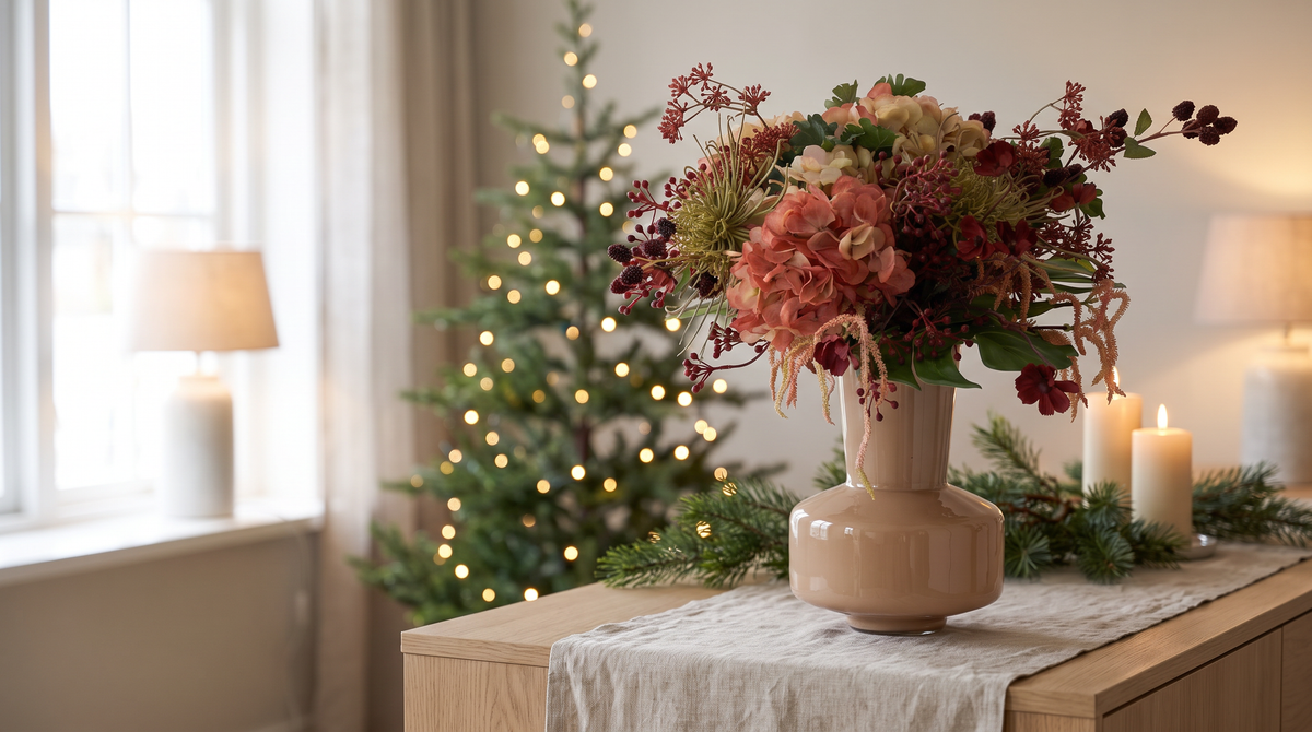 Kerstdecoratie met zijden bloemen: Kunstboeket Quinn op een dressoir bij een kerstboom met warm licht